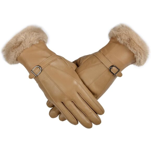 Harssidanzar Women's Khaki Winter Warm Lined With Fur Cuff Leather Gloves - Picture 3 of 7